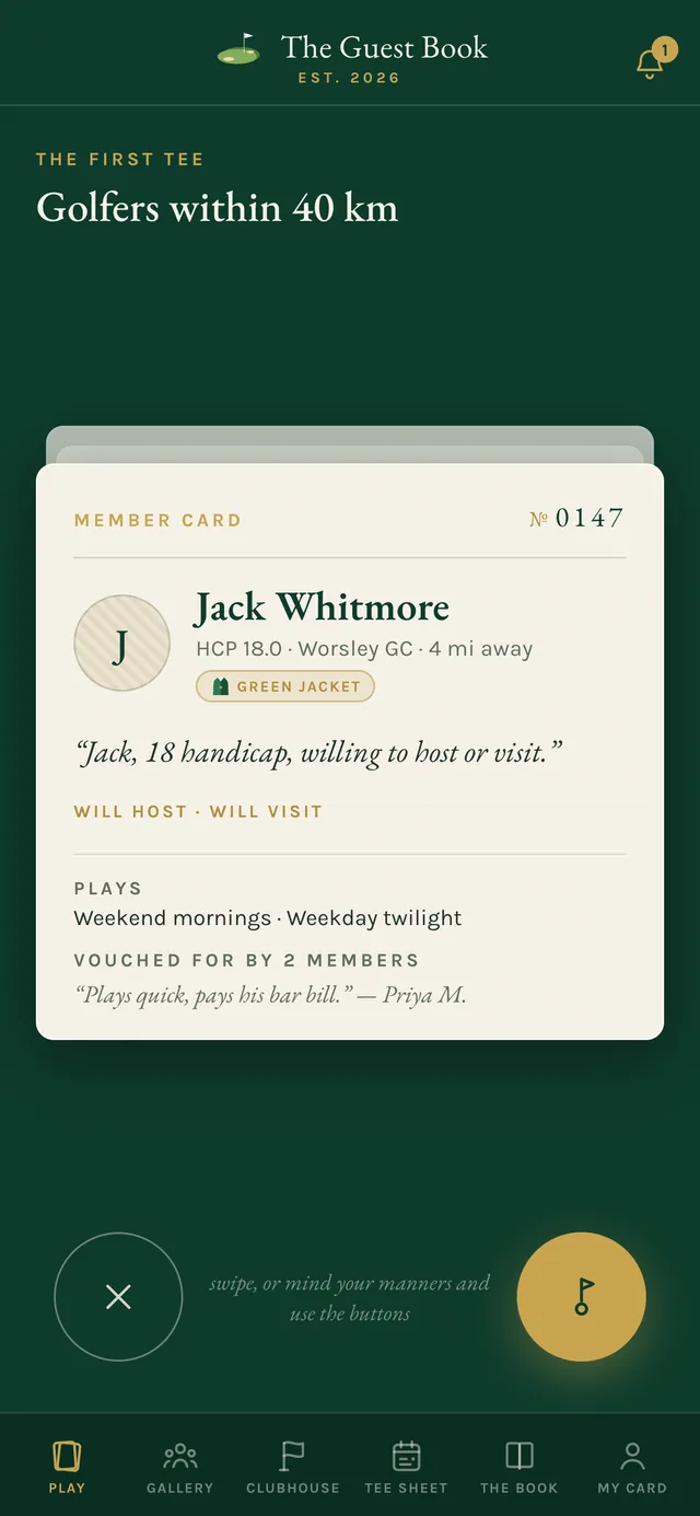 A member's card in The Guest Book — handicap, home club, and whether they will host or visit