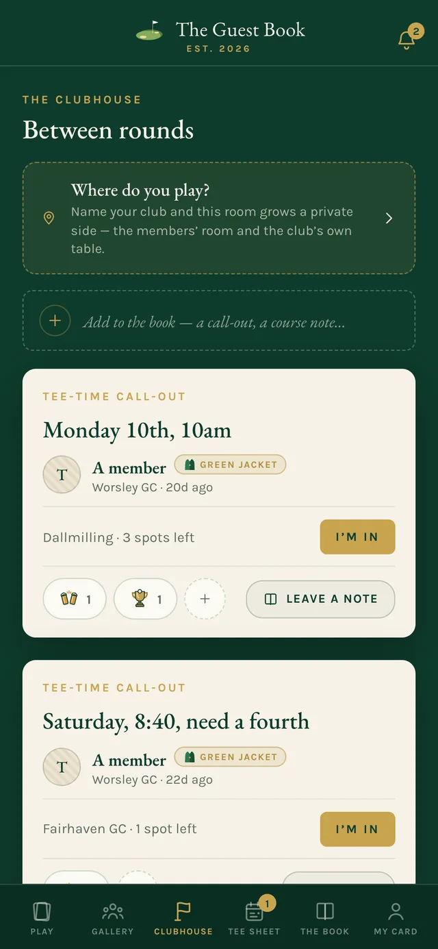 The clubhouse feed, where members post call-outs for a game